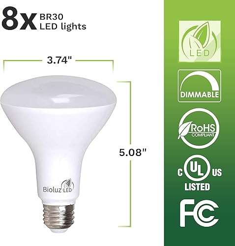 Miniatura 16 de Bioluz LED Paquete de 8 bombillas LED BR30 para interiores 90+ CRI 65W equivalentes a 7.5 W, 5000 K, luz diurna, 650 lúmenes, base E26, regulable