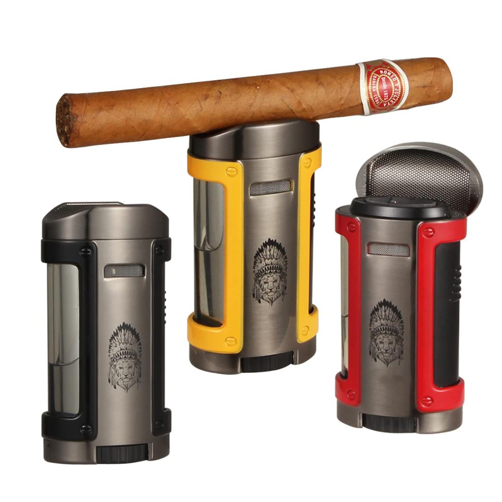 Bleu 4 Jet Torche Allume-Flamme Coupe-Vent Allume-Cigare en Métal Portable Accessoires pour Fumeurs Carburant Rechargeable (Butane Non Inclus)