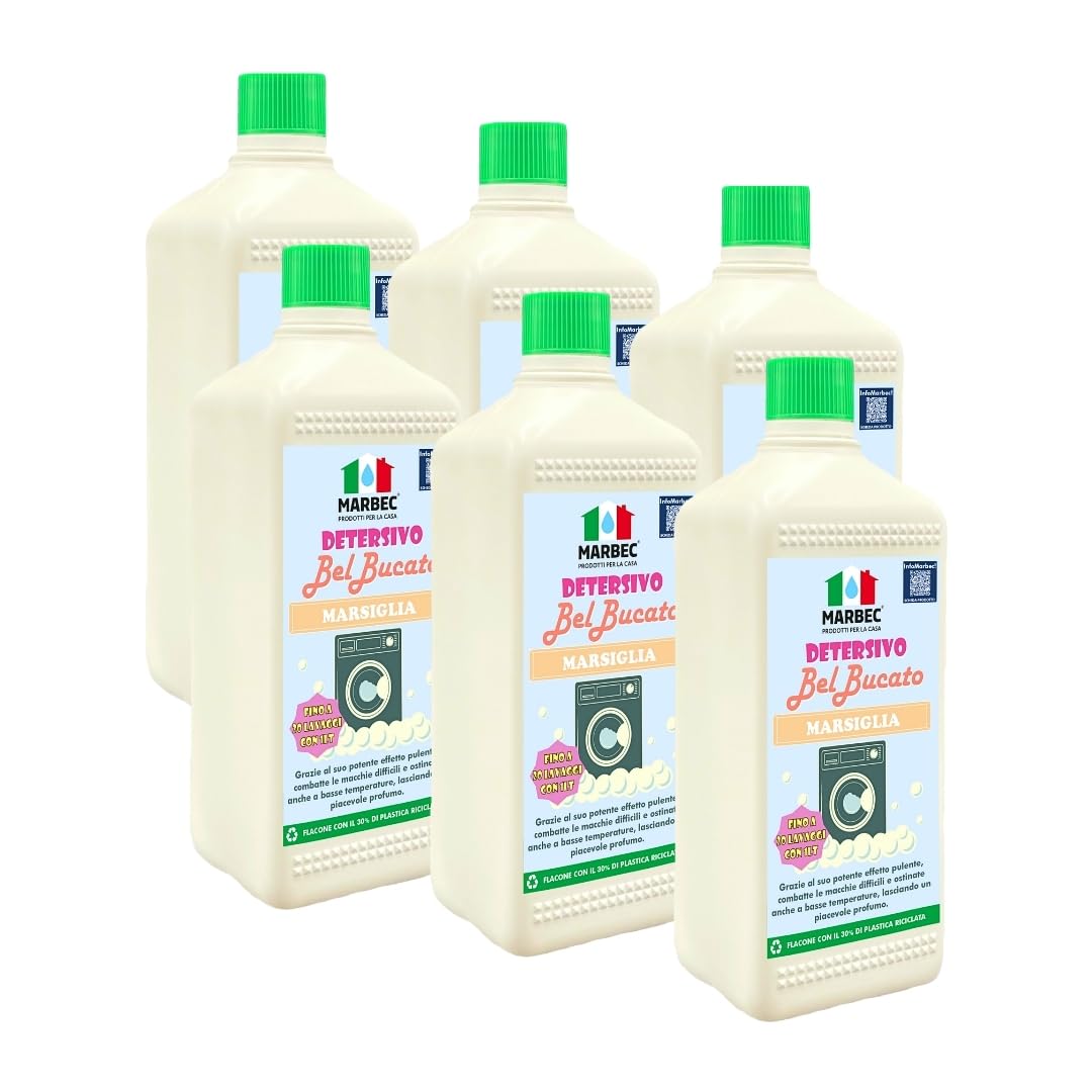 MARBEC DETERSIVO BelBucato Marsiglia 1LTx6PZ Detersivo liquido concentrato per bucato a mano e in lavatrice, dal profumo di marsiglia