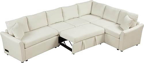 Miniatura 7 de Sofá cama moderno en forma de L con dos almohadas de respaldo, sofá cama modular de 124.8 pulgadas con cama extraíble, sofá modular convertible para