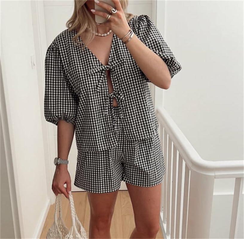 Image of Thopavenoir Women 2 Piece Casual Lounge Sets Y2k Puff Sleeve Peplum Shirt Tie Front Tee Shirt Shorts 2pcs Pajamas Sets (Black #Ge7h, S), Small
