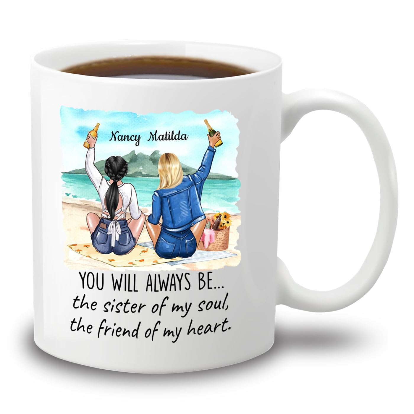Personalized Best Friend Coffee Mug Gifts, You Always Be Sister Of My Soul Friend Of My Heart, Custom Names Friendship Coffee Mug For Bestie BFF Long Distance Friendship, Birthday Mug Gifts 11oz 15oz