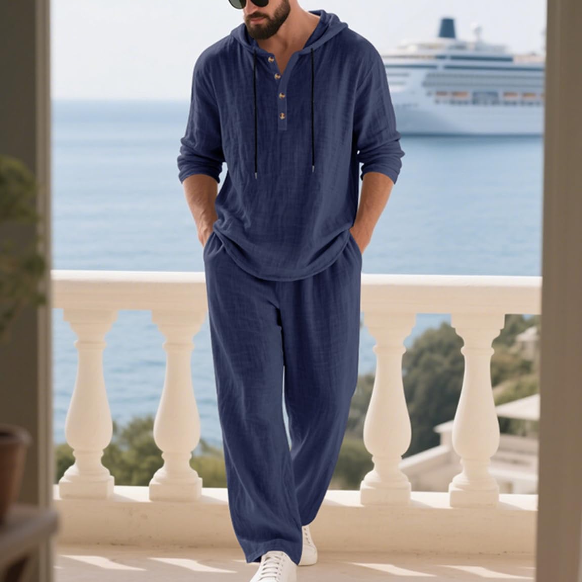 Générique Ensemble Homme 2 Pièces en Lin Mélangé Sweat à Capuche et Pantalon Ample Tenue Décontractée Respirante avec Cordon de Serrage Style Casual