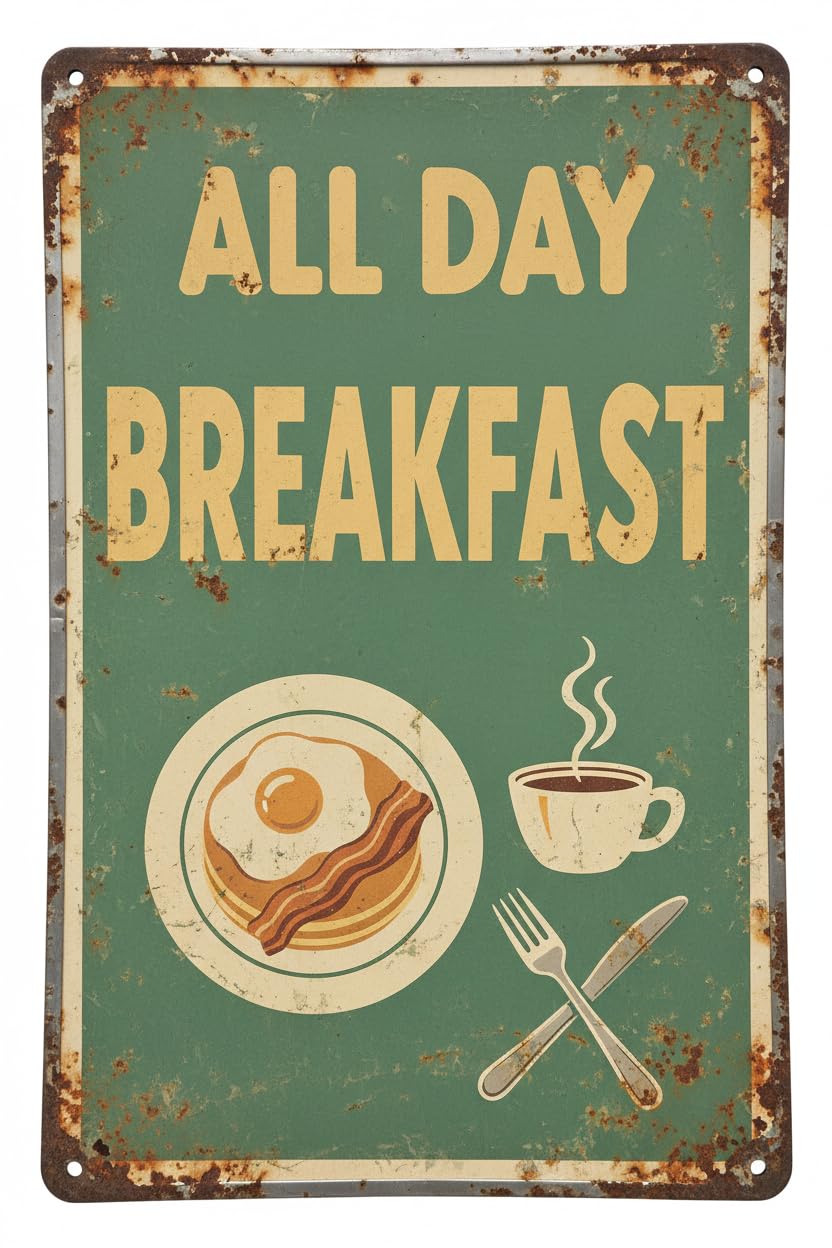 Wall Decor All Day Breakfast | Full Color Sidewalk Display Sign Board With Metal Ground Stakes | 8x12Inch Vintage Signs Aluminum Plates Printed