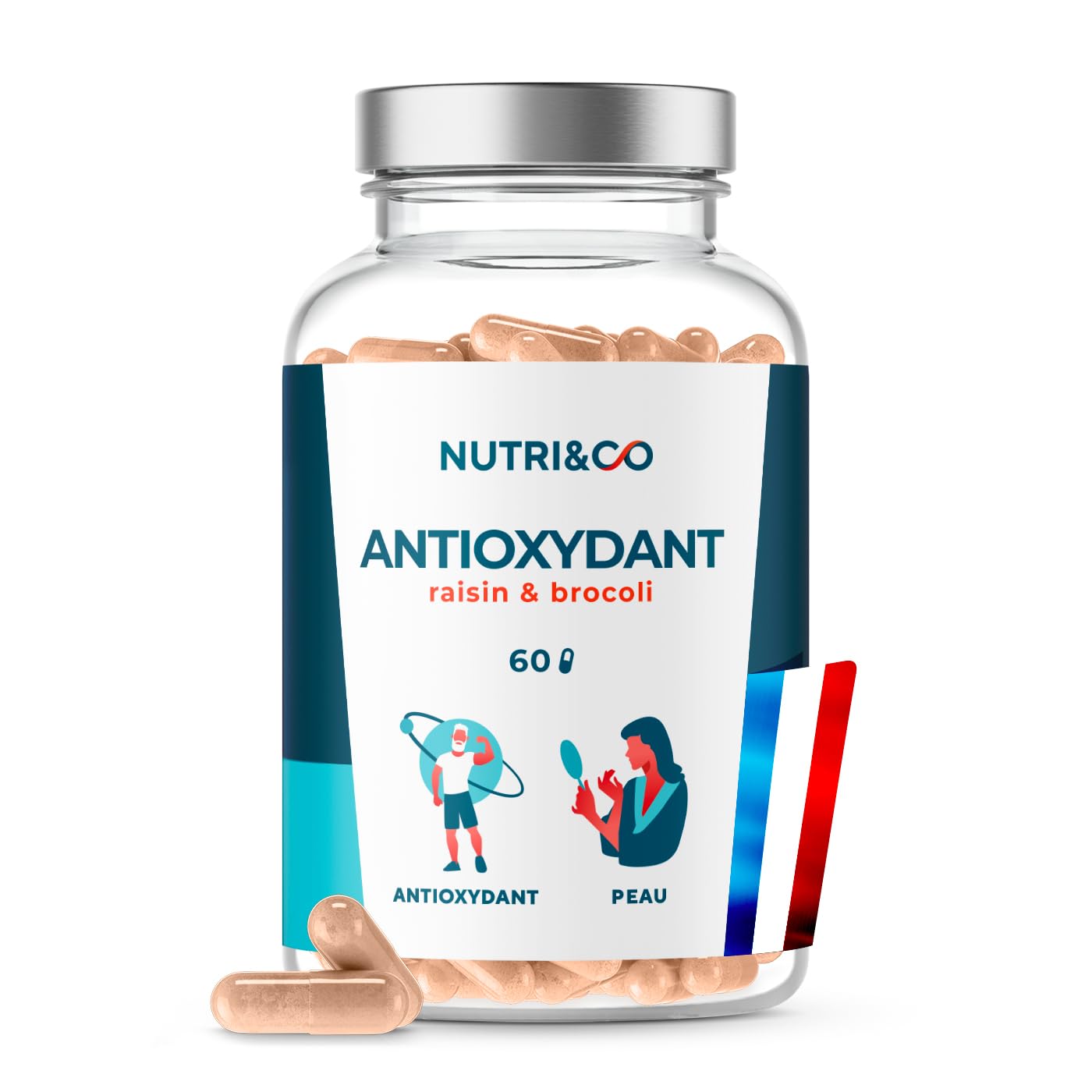 NUTRI & CO Antioxydant - Pépins de Raisin OPC et Sulforaphane de Brocoli - Vit C Précurseur du Collagène - Mix Bio-disponible Anti-âge pour la Peau - 60 Gélules Vegan - Fabriqué en France