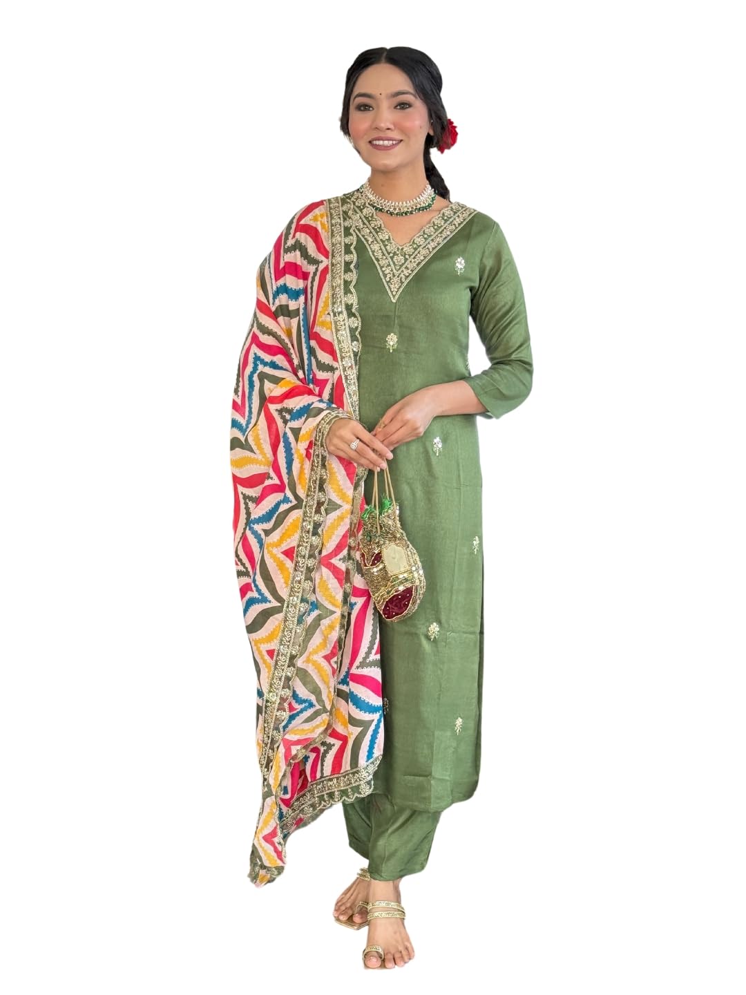 NaixaWomen's Viscose Embroidered Straight Kurta with Pant and Dupatta Sets (NX-461)