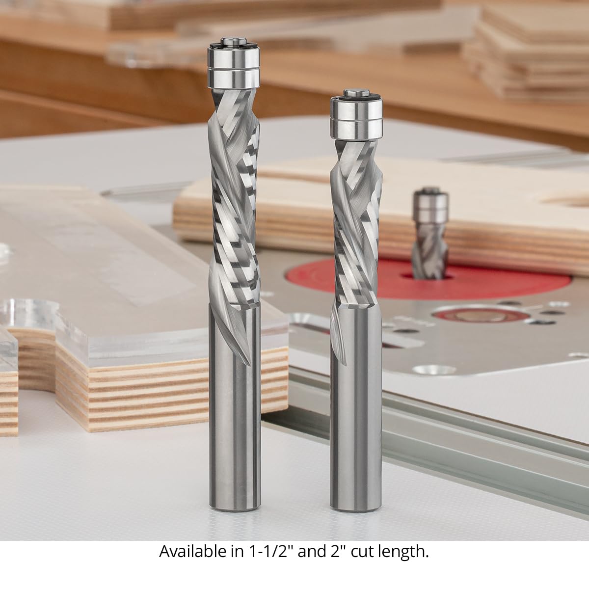 Solid Carbide Flush Trim Router Bits, 1/2" CD, 1/2" SH, 2" CL, 2FL, Compression, USA Made Spiral Bit, Twin Bearing for Template & Pattern