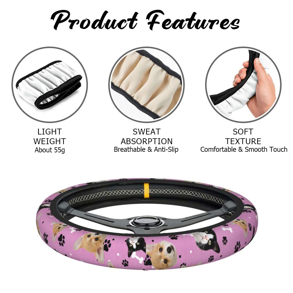 Personalized Car Steering Wheel Cover Custom Pet Portrait Anti-Slip Cover Paw Bone Design 10 Colors Car Accessories for Pets Lover