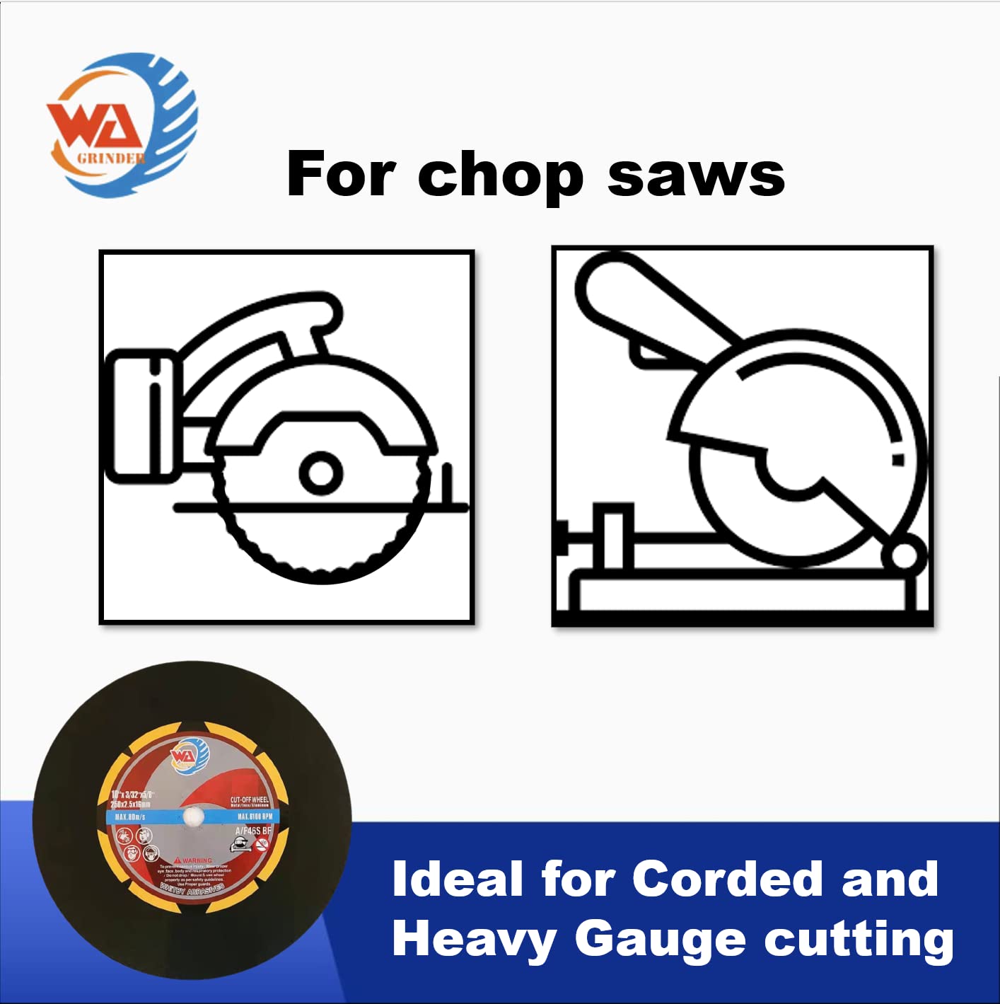 WA 10PACK - 10" x3/32 x5/8" Thin Cut-Off Wheels for General Purpose Metal and Stainless Steel Chop Saw Cut-Off Discs, 250x2.5x16mm, MAX 6,100 RPM