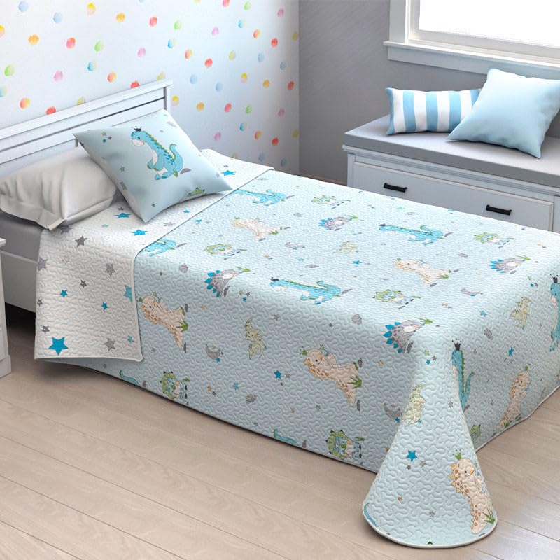 Rufino Díaz Colcha Bouti Infantil de Verano Dinosaurios + Funda Cojín - Azul, 90 cm