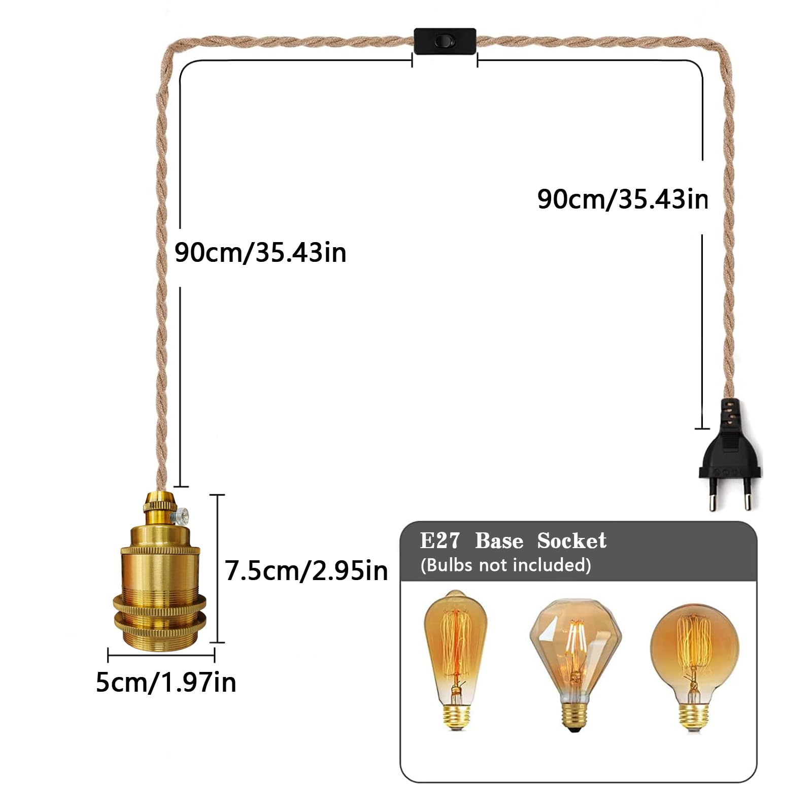 Hanging Kit di Lampade in Corda di Canapa, Edison Retro lampada a Sospensione, Portalampade a Sospensione E27 in Metallo con Spina E Interruttore, DIY Lampadario, per Cucina Magazzino Fattoria.