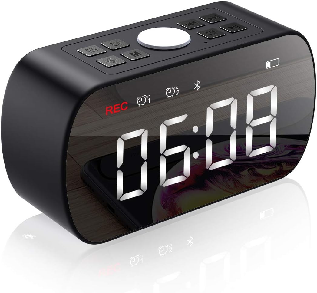 Wireless Bluetooth Speaker Stereo, Dimmable LED Display Alarm Clock with Radio, Micro SD Card, Hands-Free Call, LED Night, Makeup Mirror (Black) …