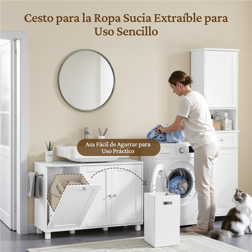 Yaheetech 2 Mueble Bajo Lavabo con Cestos para Ropa Sucia Mueble Baño sin Lavabo con 1 Bolsa Interior Extraíble 90x30x62,5 cm 2 Puertas Armario de Almacenamiento Blanco
