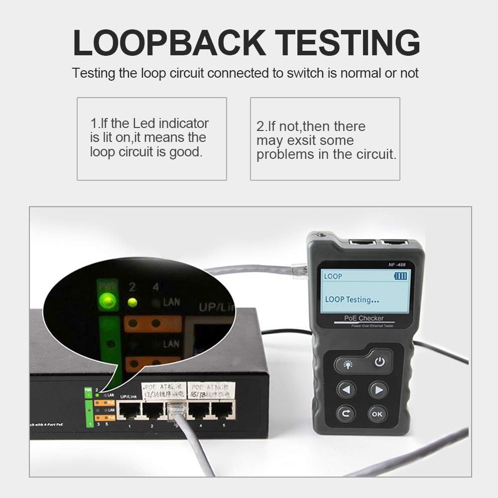 Tester di rete RJ45 con display LCD, tester per cavi NF-488 con funzione POE per verificare il cortocircuito, lo stato di interruzione di cavi di rete Cat5/Cat6, test di tensione e corrente