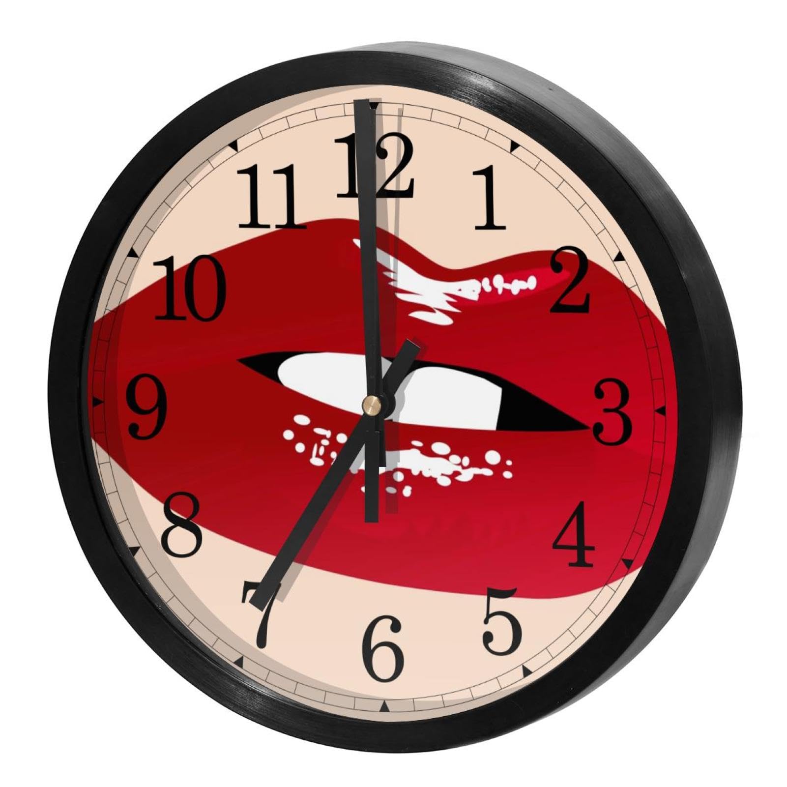 Horloge murale silencieuse à quartz motif lèvres rouges ronde pour cuisine et bureau