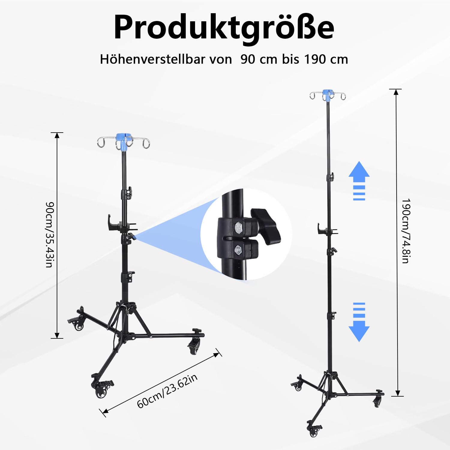 Supporto per infusione regolabile con ruote, altezza regolabile 90 – 190 cm, pieghevole con 4 ganci, 3 tasche in rete e 1 custodia, supporto portatile per IV per ospedale e cura della casa