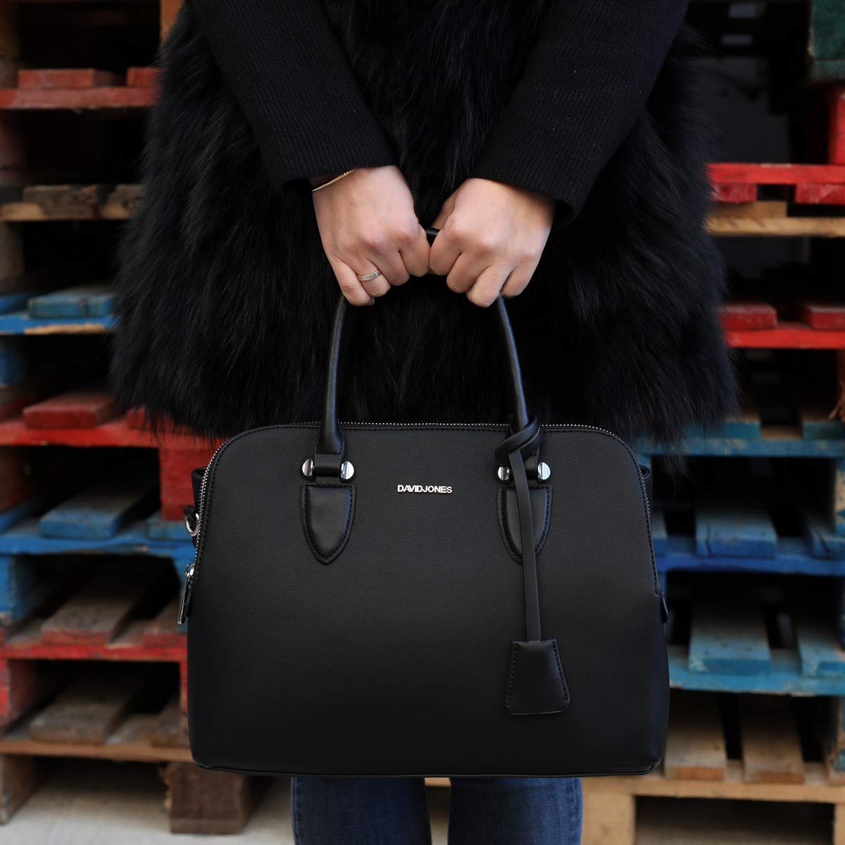 David Jones - Borsa a Mano Bugatti Elegante Donna - Tracolla Spalla PU Pelle Molte Tasche Scomparti - Tote Shopper Bag Borsetta Grande Lavoro Satchel Cartella Manico Superiore - Nero