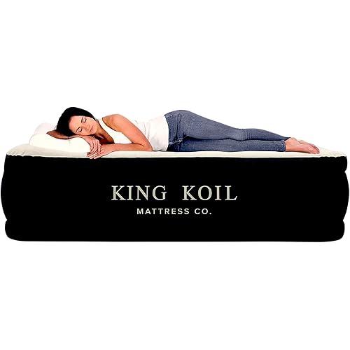 King Koil Luxury Air Mattress Queen with Built in Pump, Integrated Premium Pillow Inflatable Airbed for Guests, Camping & Home (Manufacturer Warranty)