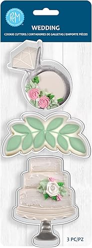 R&M International 5209 - Juego de cortadores de galletas para tartas de boda, anillo de diamante y hojas de eucalipto, 3 piezas