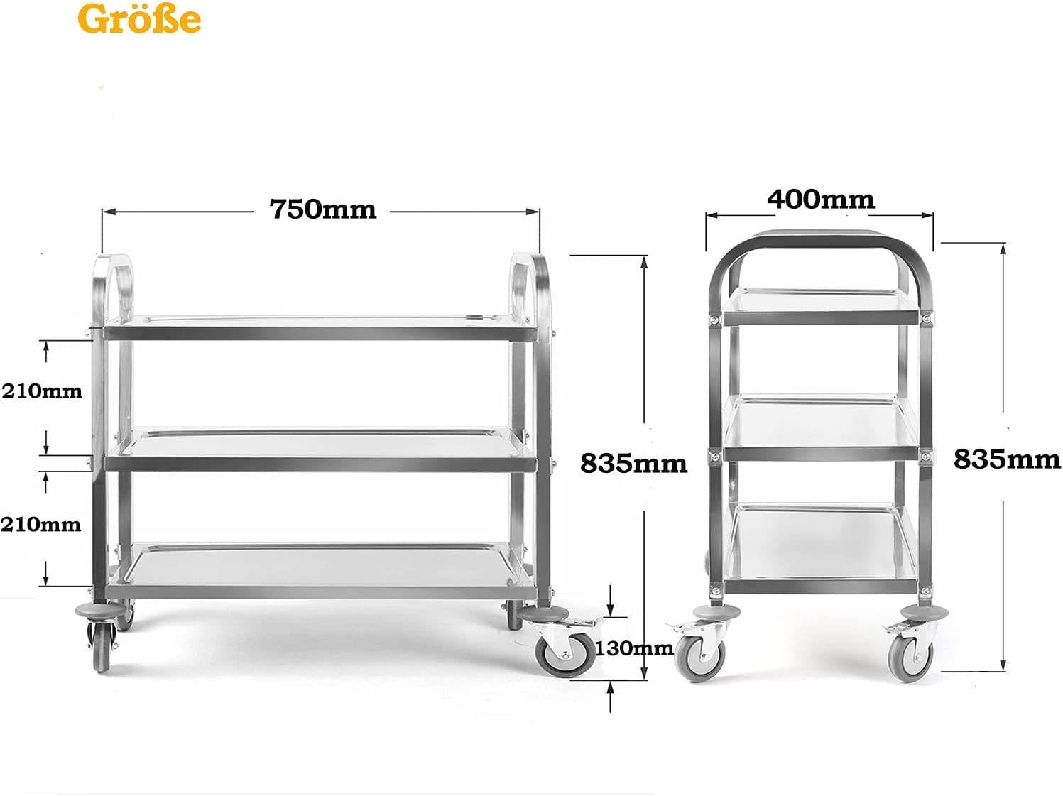 uyoyous Servierwagen 75x40x83.5cm Edelstahl 3 böden Küchenwagen Transportwagen Edelstahl mit 4 360° drehbare Rollen (2X bremsbar) für Restaurant Küchen oder Hotel