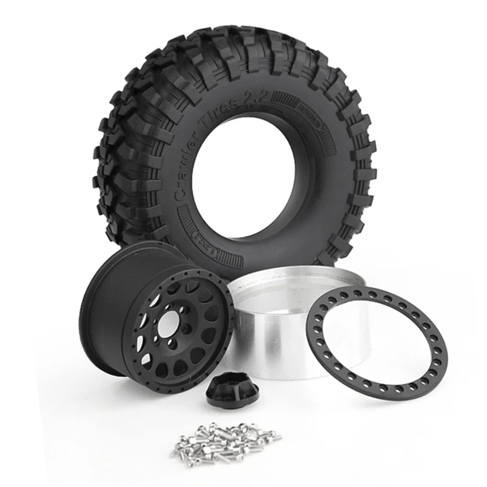 RC Car Pneumatico Ruota Compatibile con Axial SCX10 per Wraith per Capra per Traxxas TRX4 D90 1/10 RC Crawler Car 4 Pezzi 135 Mm Metallo 2.2 Beadlock Cerchione Pneumatico Set(Black)