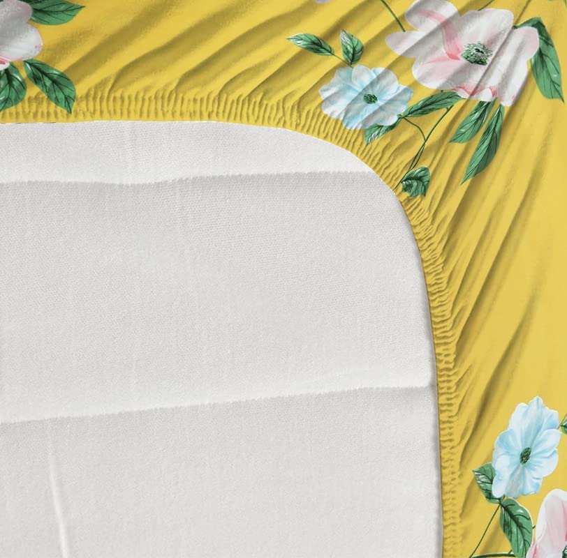 Image of Castiqa Elastic Fitted Supersoft Premium Brushed Cotton 200TC Double Bedsheets King Size 78x72 Inch with 2 Pillow Covers (Fits Upto Mattress of 8 Inches) (Yellow White Floral)
