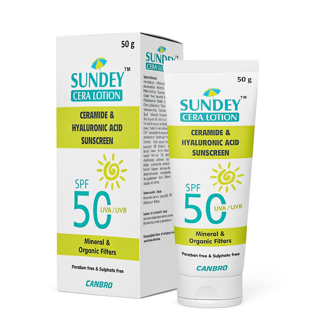 Sundey Cera Lotion SPF 50 Sunscreen with Ceramide & Hyaluronic Acid | Broad Spectrum UVA/UVB Protection | Mineral & Organi...