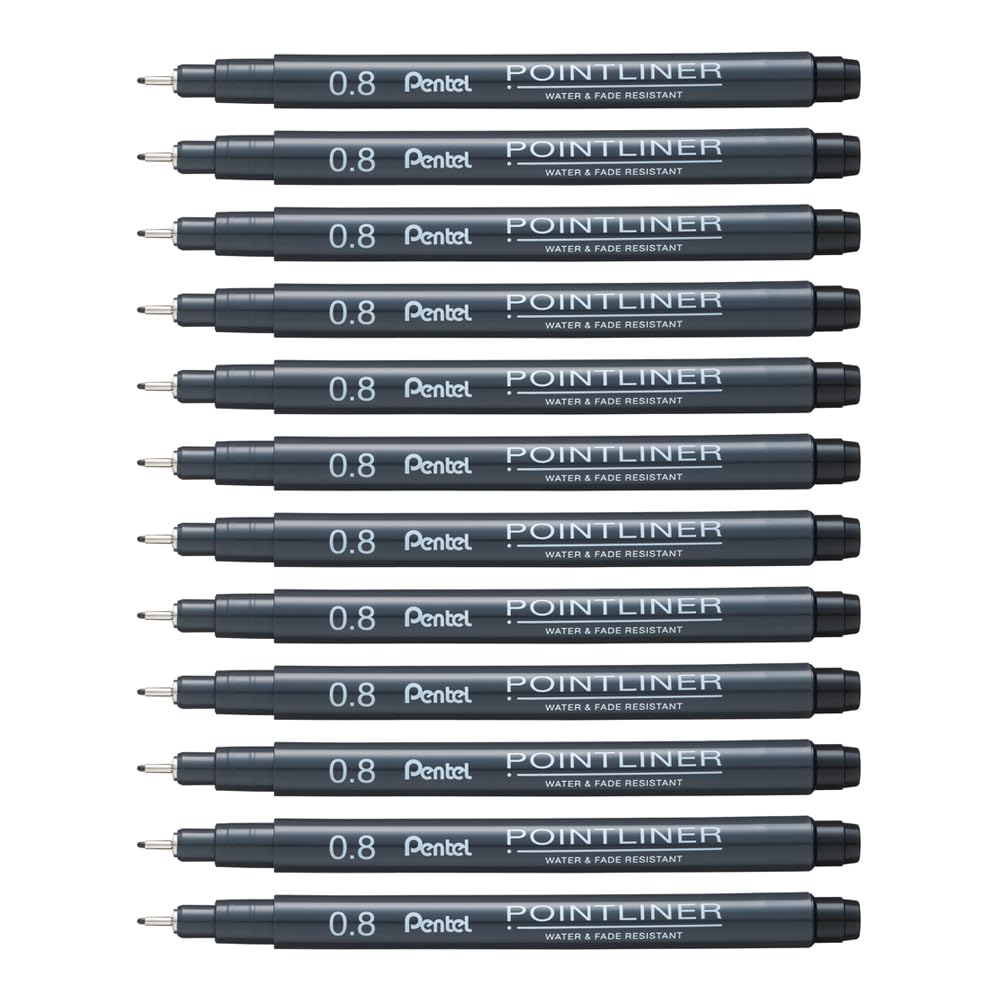 Pentel Arts Pointliner Drawing Pen, 0.8mm, Black Ink, Box of 12 Pens (S20P-8A)