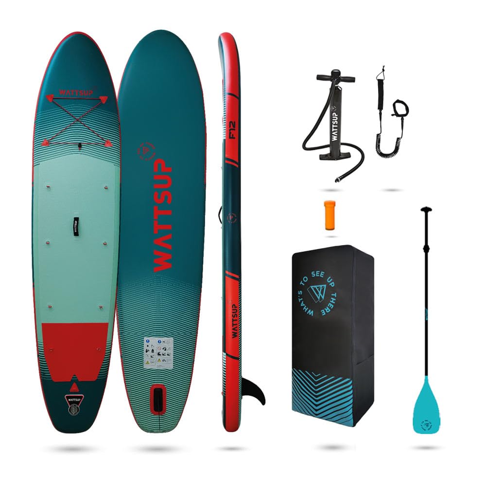 Wattsup - SUP Stand Up Paddle nadmuchiwany F12 12' - 366x84x15 cm Dropstitch - Zestaw kompletny: Wiosło, Smycz, Pompa, Torba transportowa - Do 150 kg - Niebieski