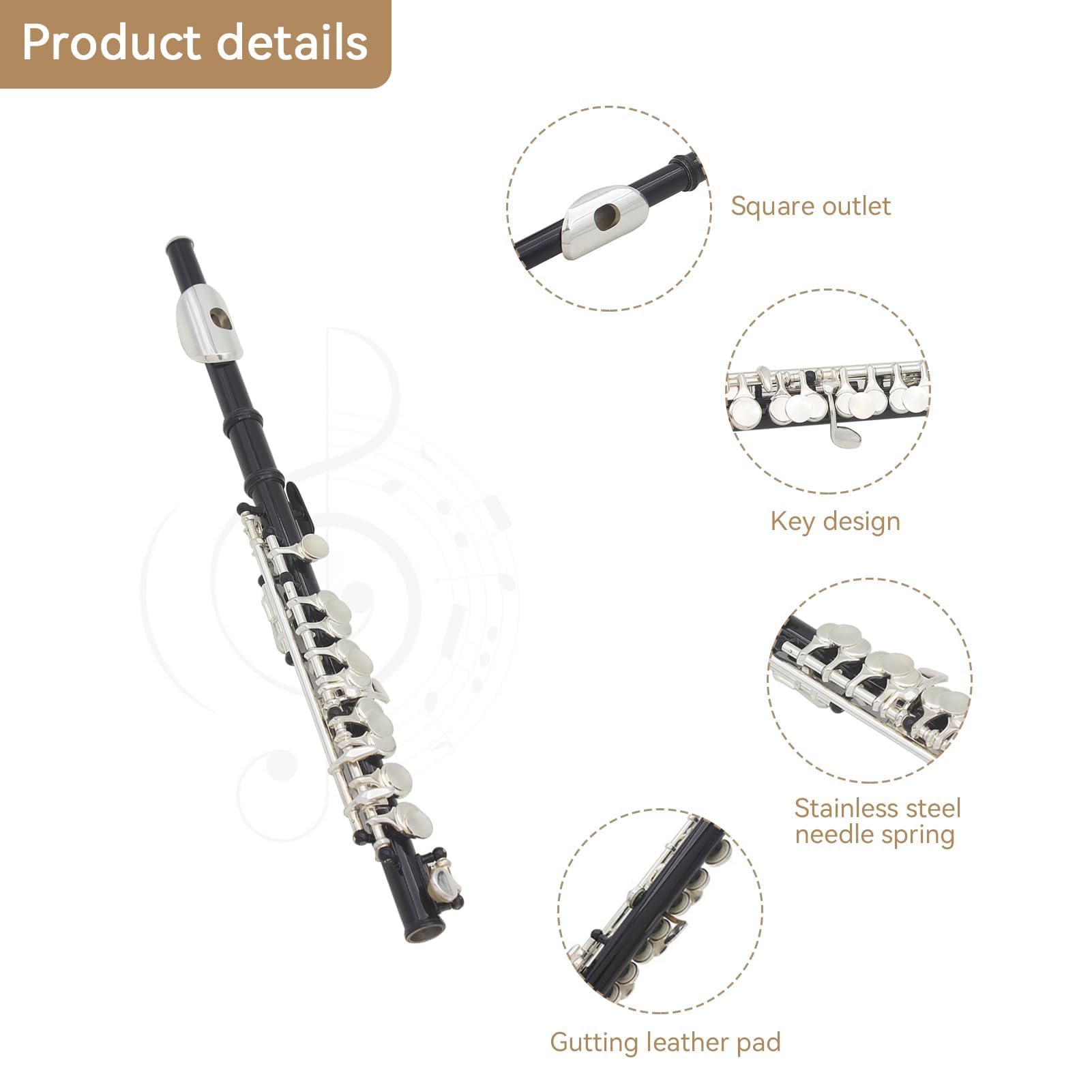 C Flute Piccoloflöte Edelstahl Schülerflöte Piccoloflöte Kupfer Instrument C Querflöte Piccolo Vernickelt Querflöte Flöte Set mit PU Lederbox Reinigungstuch Stab für Anfänger Übungen Geschenk