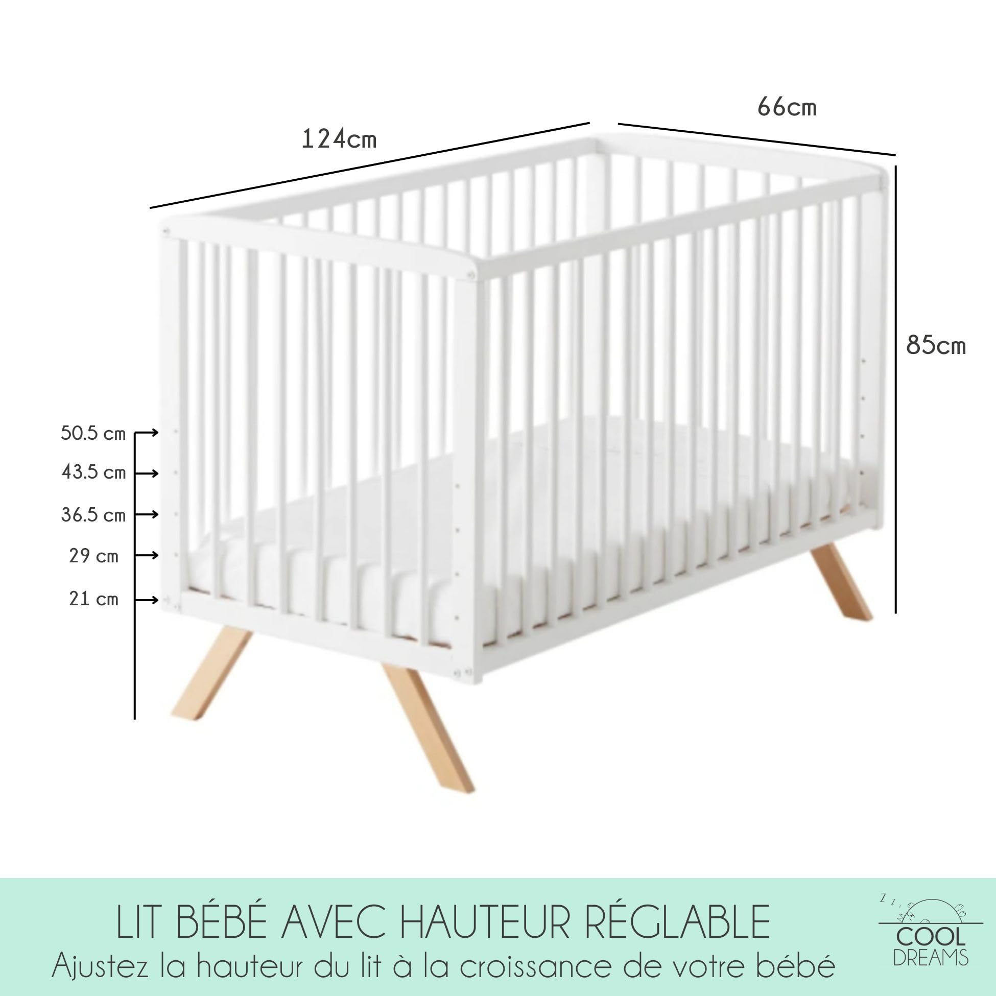 COOL · DREAMS Lit bébé évolutif Nuru. Inclus kit de cododo pour Fixer Le lit en Toute sécurité au lit des Parents et barrières Blanches pour Le Transformer en lit