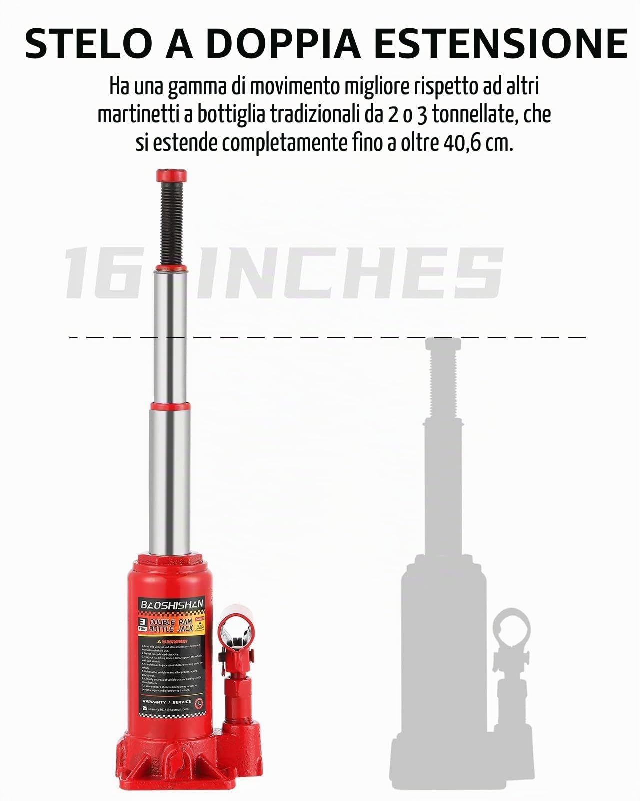 BAOSHISHAN Martinetto Idraulico 3 Ton Jack bottiglia Doppia sezione Gamma di sollevamento da 6-1/2 "a 16-1/2" con custodia per il trasporto