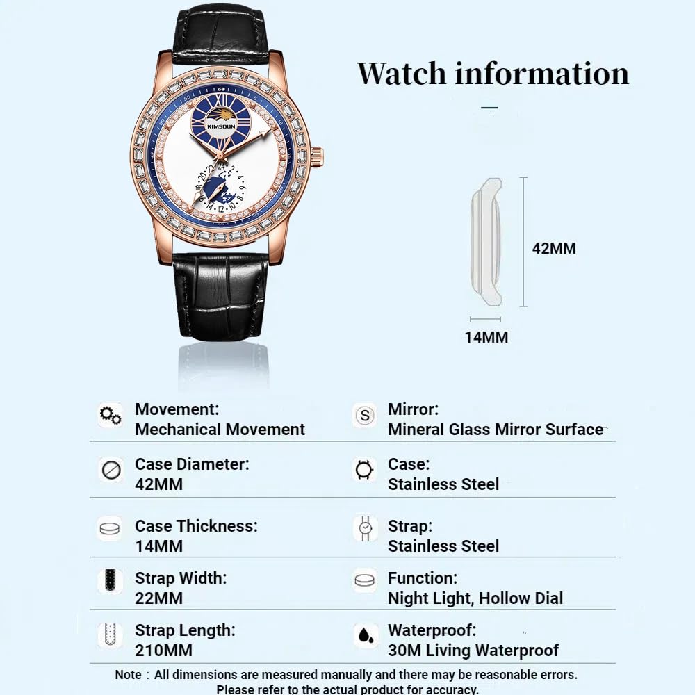 Relojes automáticos para hombre, reloj de diamante, correa de cuero, reloj mecánico de cuerda automática, sol, luna, estrella, para hombre, elección ideal para regalos