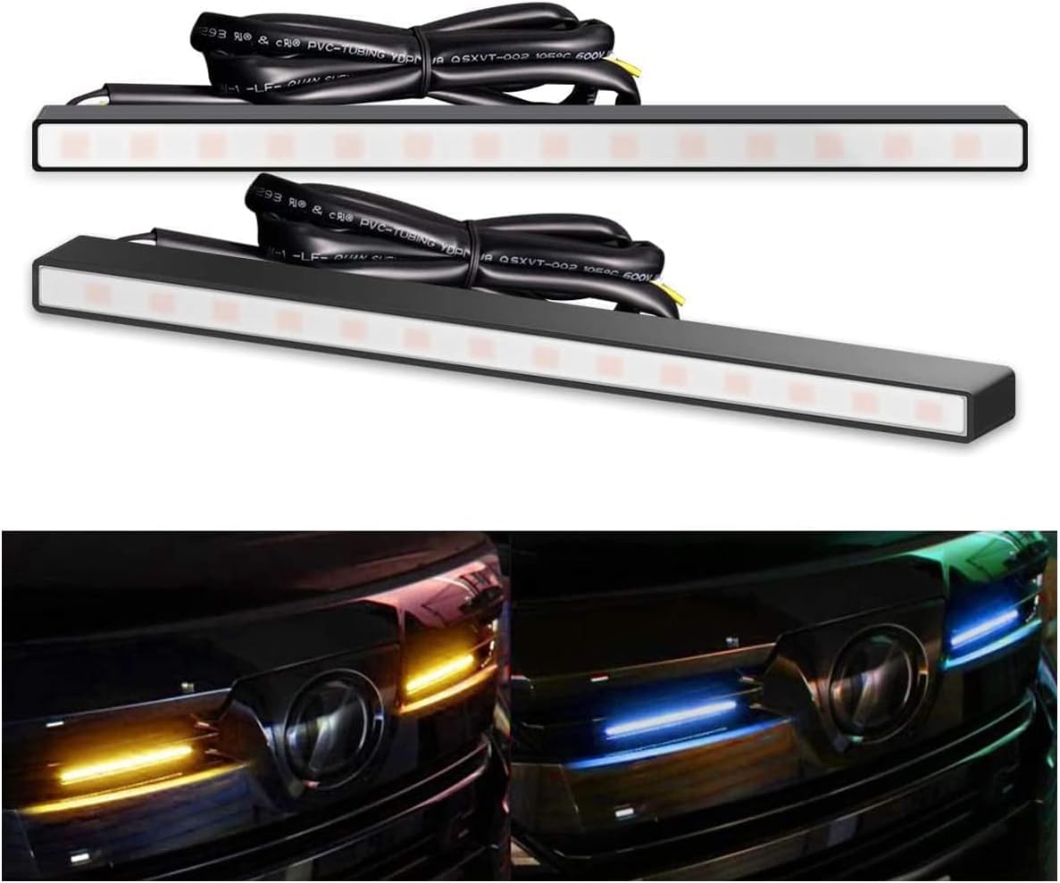LED Daylight with Sequential Turn Signal Function, Flowing Turn Signal, Thin, 0.3 inch (8 mm), Side Lighting, Amber Flowing Blue Light, Waterproof, Stick Type, Car, Automotive, Universal