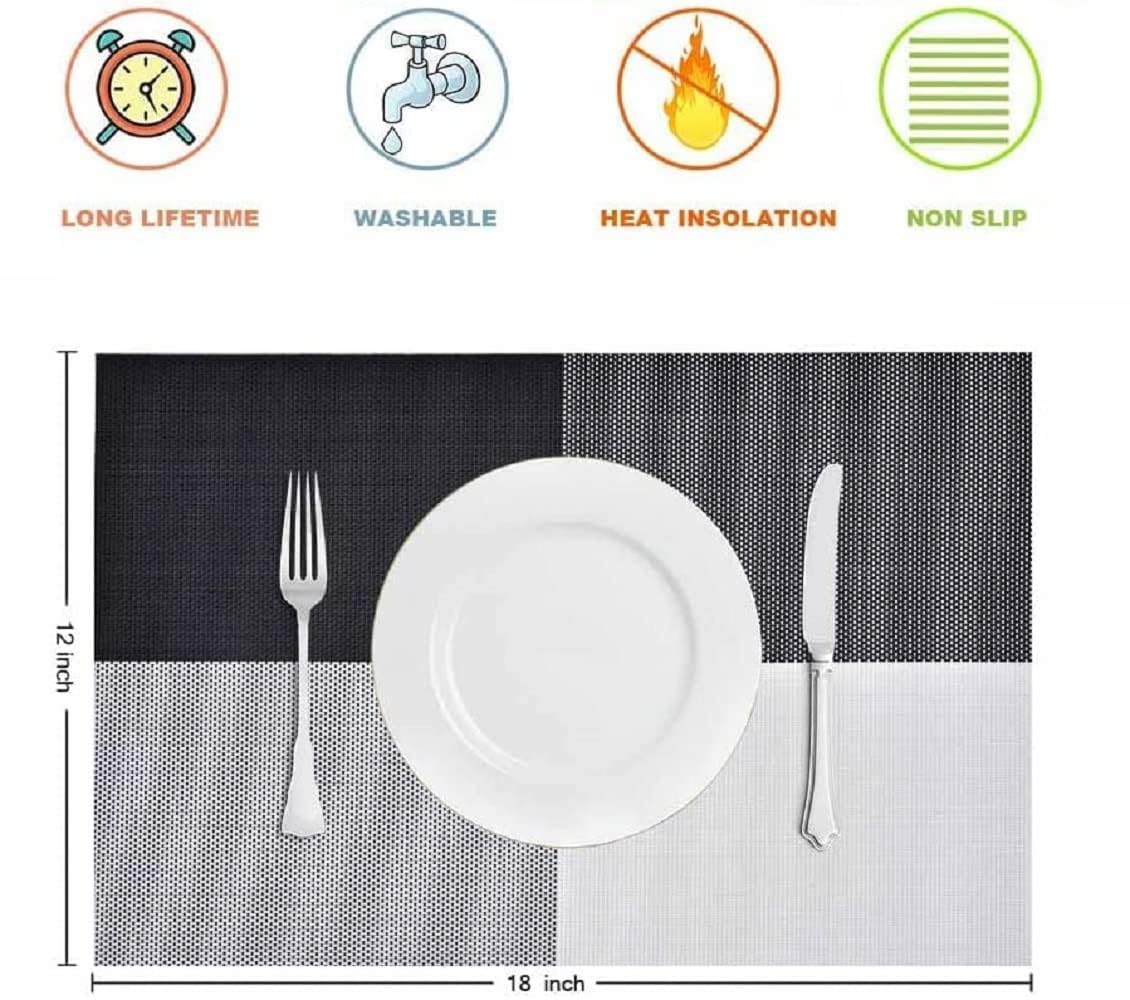 Feinerman 6 Pcs Elegant Washable Dining Table Placemats Set, Non-Slip Heat Resistant Kitchen Mats, PVC Woven Vinyl Place Mats for Dinner Table, Anti-Skid Easy to Clean Table Décor (Black & White) 2
