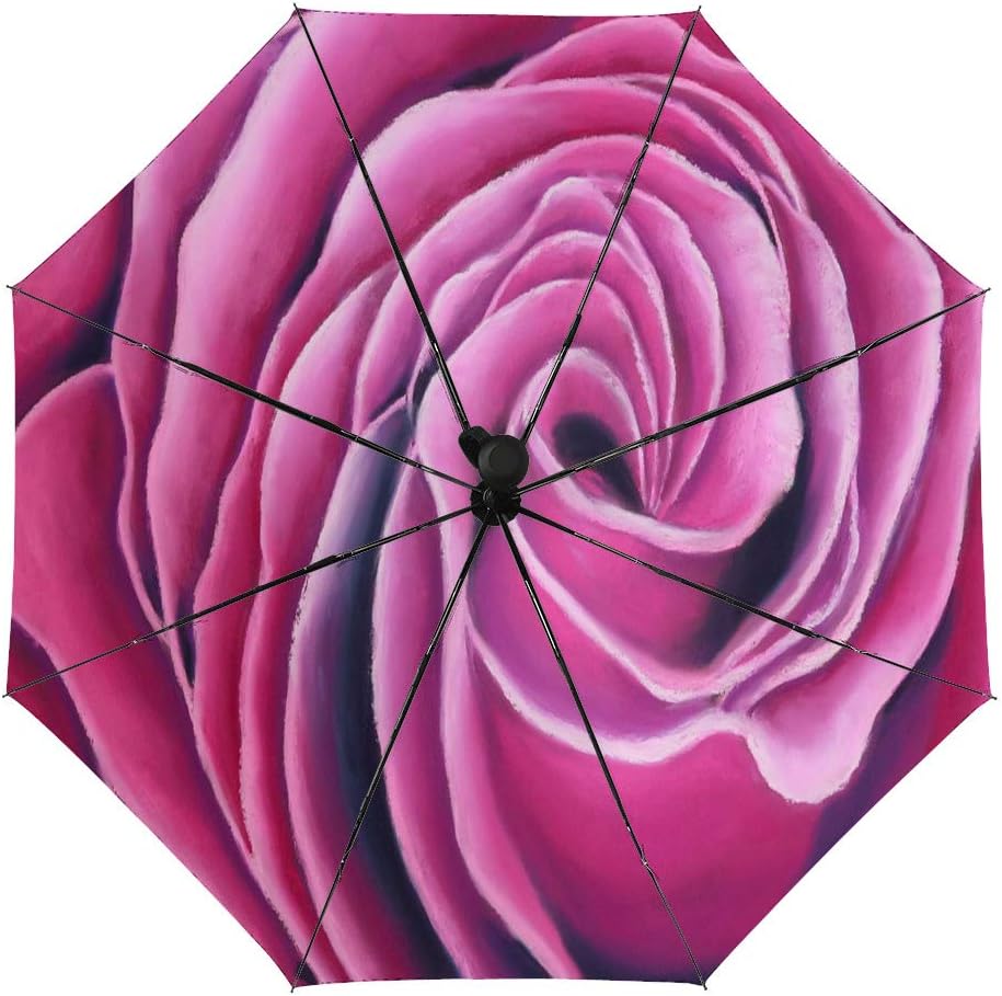 Nuansexi Travel Automatic Umbrella Pink Rose Closeup Compact Folding Reverse Water Repellent Golf Rain Umbrellas UV Protection Lightweight Umbrella