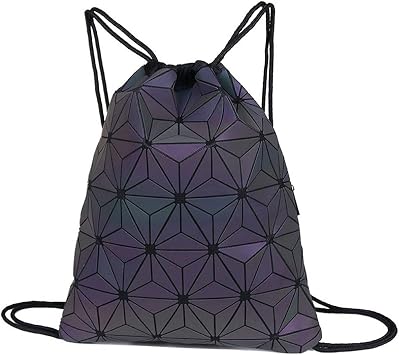 Van Caro Unisex PU Leather Holographic Geometric Drawstring Backpack Gym Travel String Bag, Black