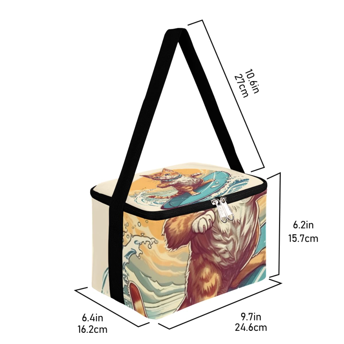 GzLeyigou Lunch Bags for Women Men 9 Cans,Surfing Cat Hot & Cold Food Delivery Bag Insulated Grocery Bag Insulated Lunch Box Cat Cooler Bag for Office Work Picnic Beach