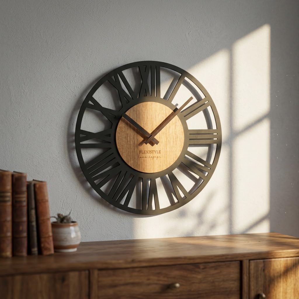 FLEXISTYLE Wanduhr groß Adulto 50cm Durchmesser LOFT aus Holz Eiche ohne tickgeräusche Wohnzimmer (Schwarz/Eiche), z219-1/1ad-d9-x 50cm Made in EU
