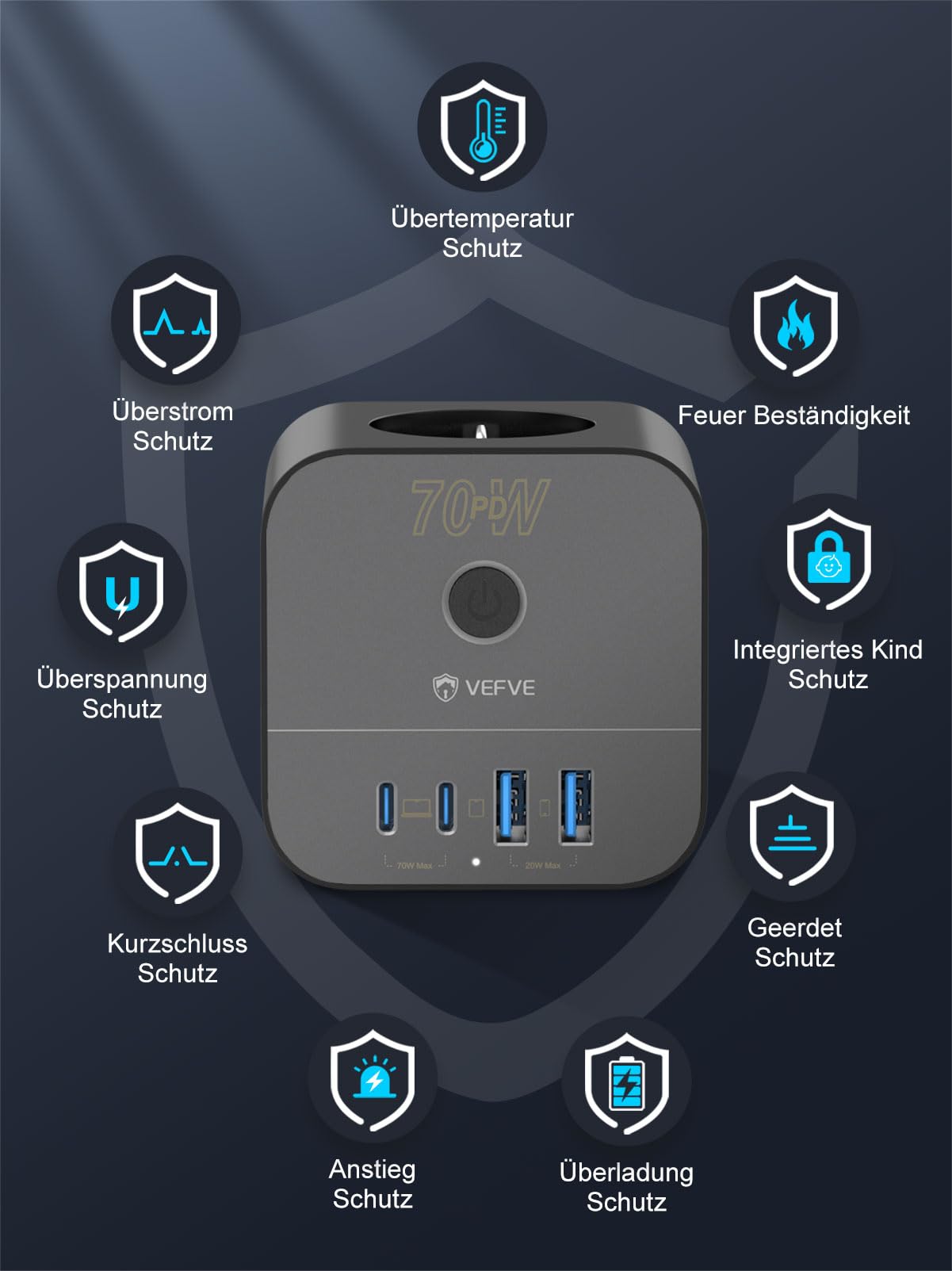 VEFVE Steckdosenwürfel ohne Kabel mit 70W USB C Ladegerät Mehrfachsteckdose | Kabelloser 7 in 1 Mehrfachstecker mit 70W Power Delivery. Bietet 3 Steckdosen und 4 USB Ports. Schalter, Kindersicherung