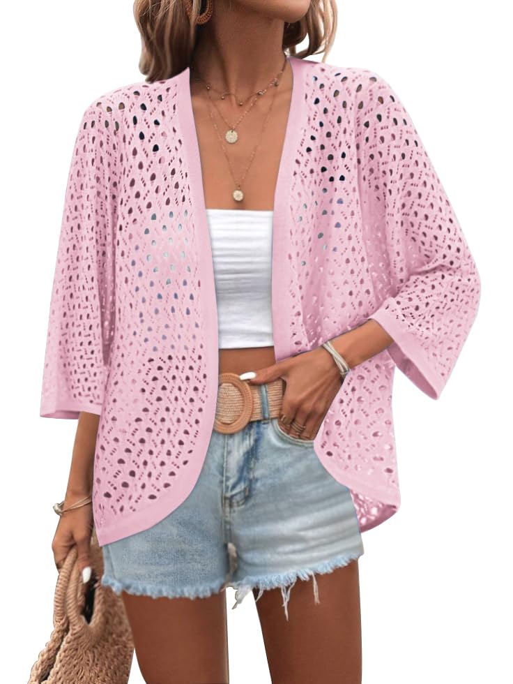 Image of Zeagoo Womens Summer Crochet Cardigan Sweaters Lightweight Open Front 3 /4 Sleeve Batwing Kimono Boho Knit Cover Ups 2026