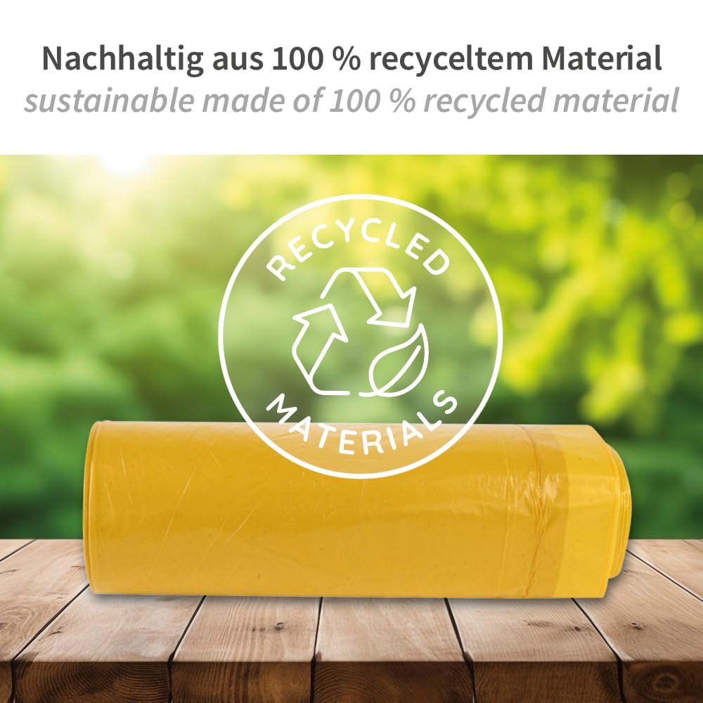 150 Stück, Müllsäcke, FRANZ MENSCH, 120 l, gelb, Zugband, LDPE, 45my, Rolle | 110 x 70 cm, recycelt, stabil, reißfest, Müllbeutel, Mülltüten, trash bags, für Mülltonnen, Garten