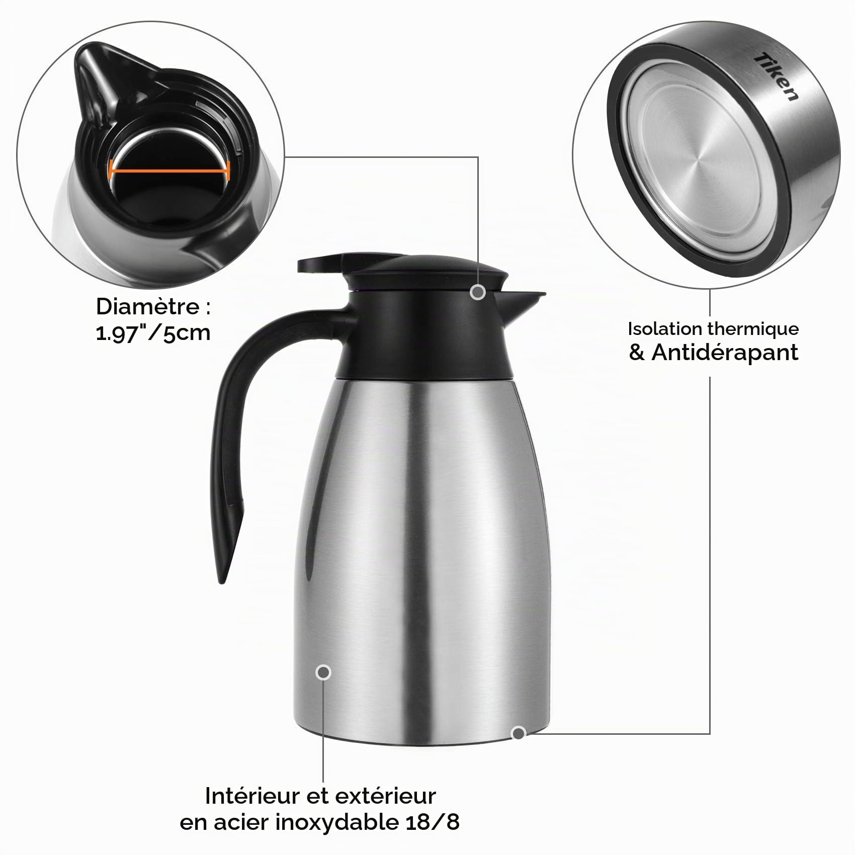 Tiken 1.5L Carafe à Café Isotherme en Acier Inoxydable, pour Boissons Chaudes ou Froides - Résiste à l'épreuve du Temps, Anti-fuites et Facile à Utiliser