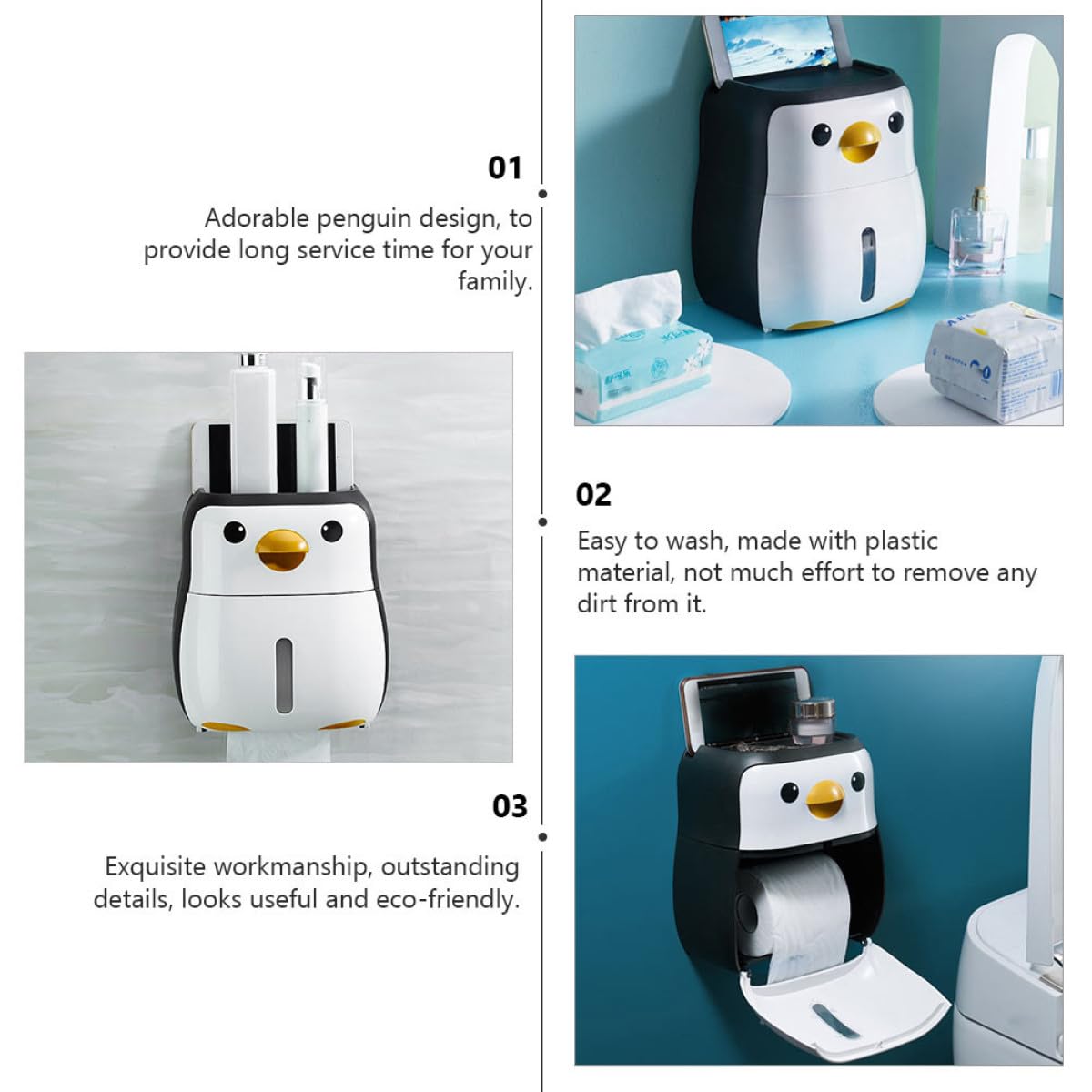 Toilettenpapierhalterung Weiß aus Kunststoff mit Wandbefestigung ohne Bohren Papiertaschentuchbox in Pinguin Form Multifunktional für Hotelbad und Haushalt