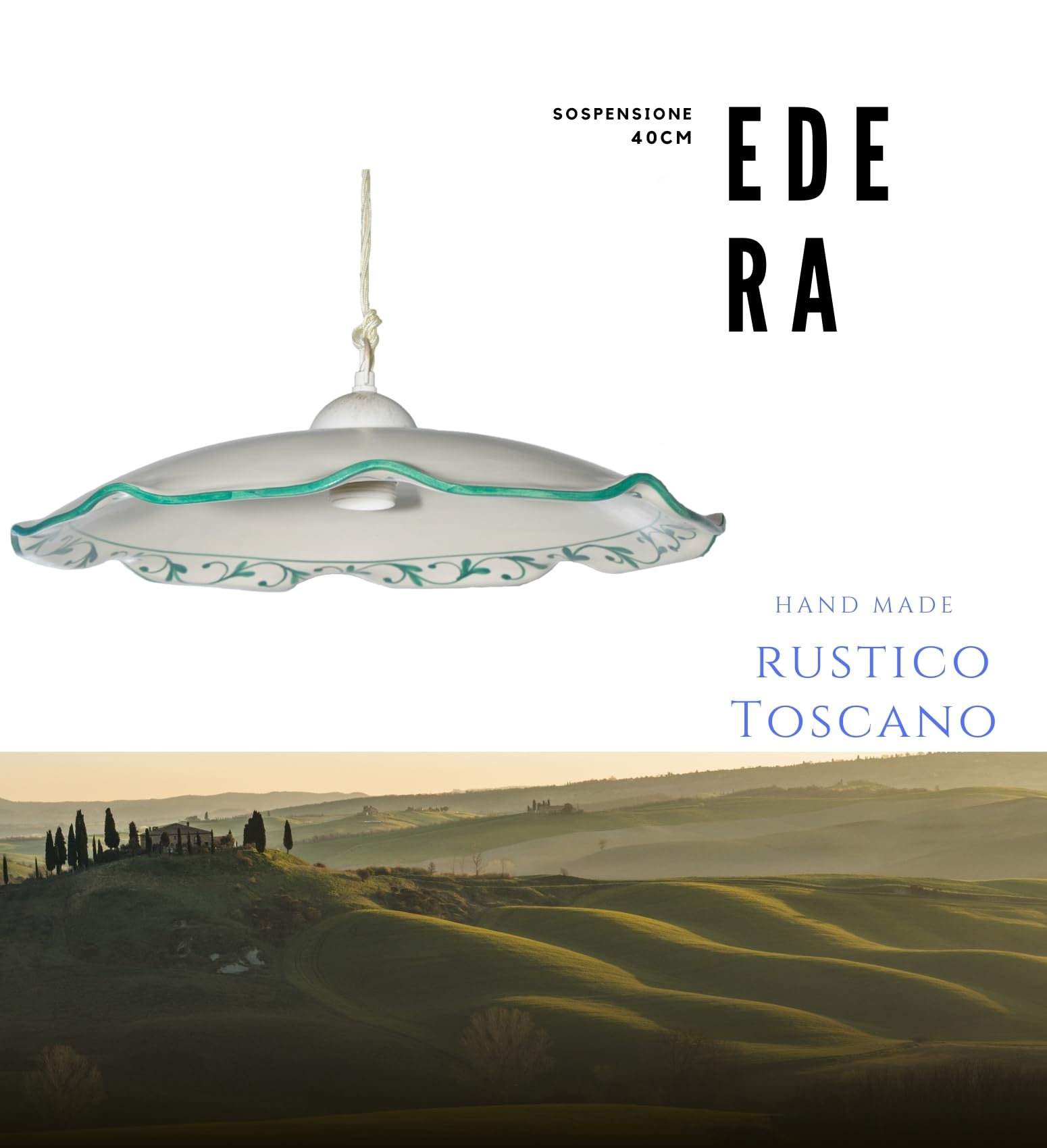 VANNI LAMPADARI - Sospensione Edera in Ceramica - Lampadario Decorato a Mano per Camera da Letto, Soggiorno, Cucina, Bagno - Made in Italy - 40 cm - Verde