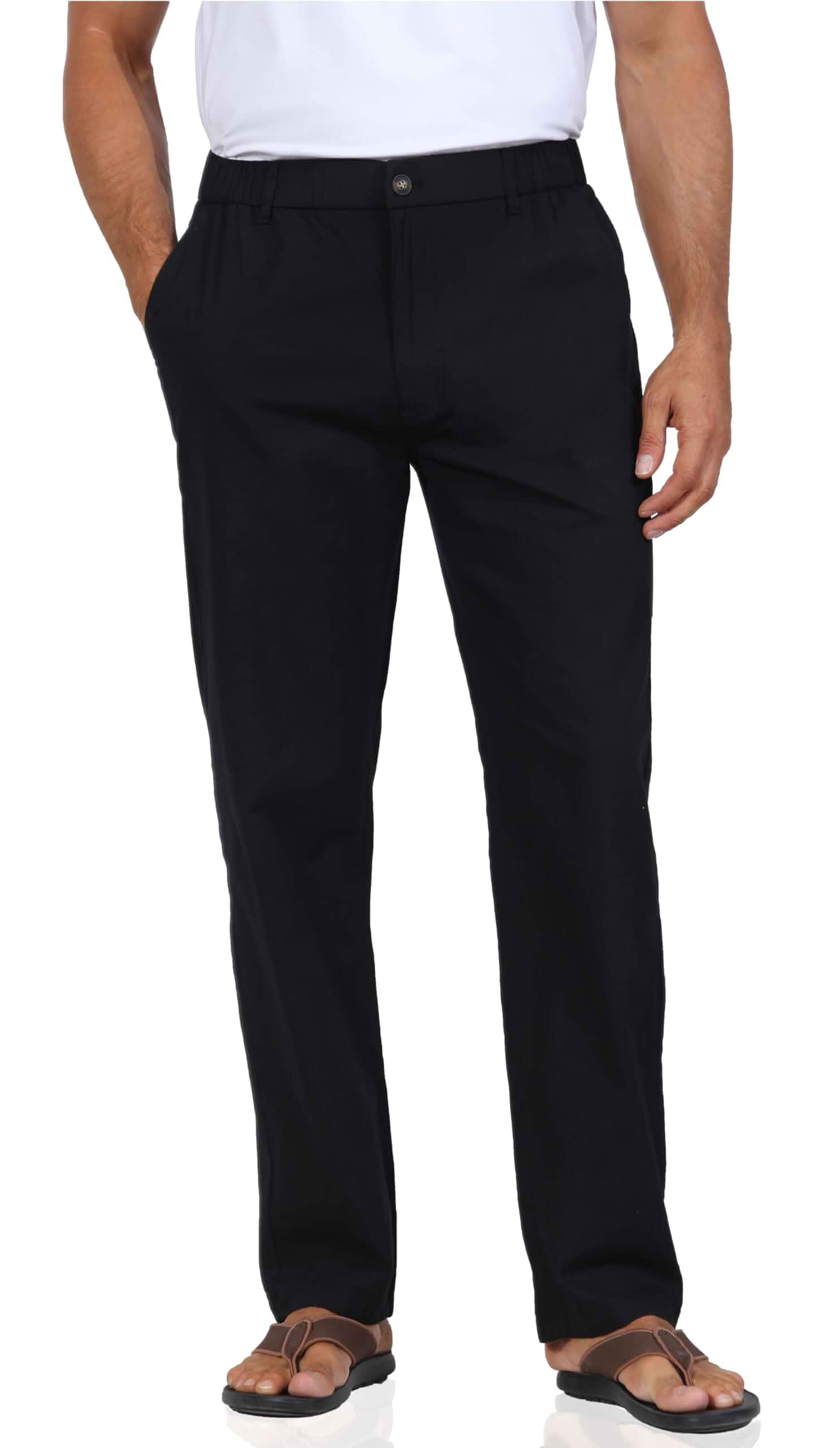 Soojun Men's Linen Blend Relaxed Fit Straight Leg Elastic Waist Pants Casual Summer Slacks, Lightweight Pull-On Comfort, Soft Stretch Fabric, Back Pockets, Button Closure, Easy Everyday Wear