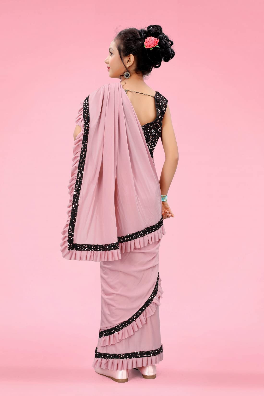 Dhyey fashion Girls Lycra Blend Ruffle Pattern Saree With Velvet Unstitched Blouse Piece - Image 5 thumbnail