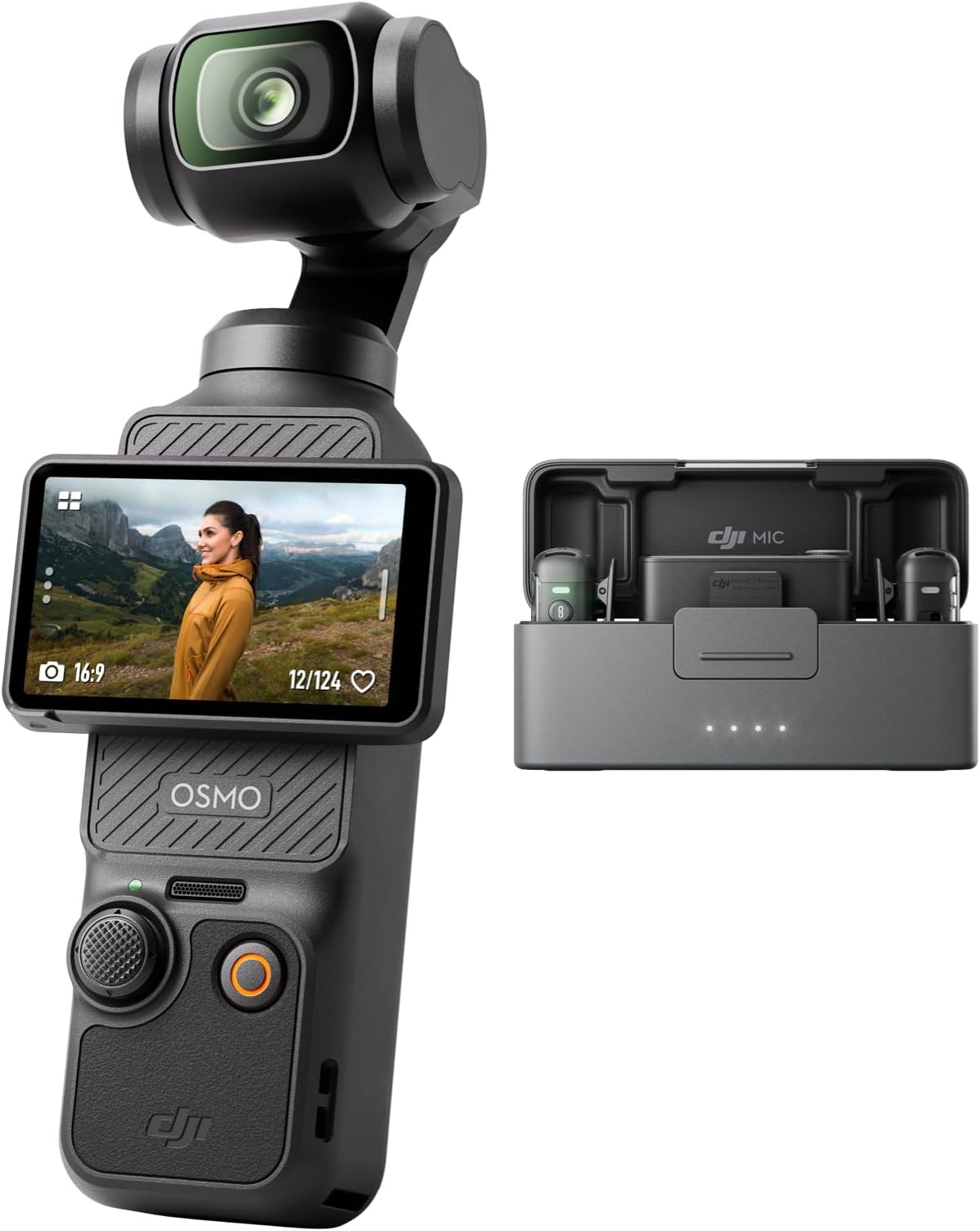 DJI Osmo Pocket 3 + Mic 2 (2 TX + 1 RX + Charging Case), Digital Camera with 1'' CMOS & 4K/120fps Video, 3-Axis Stabilization, Face/Object Tracking, Mic 2 Included for Clear Audio, Vlogging Camera 4K