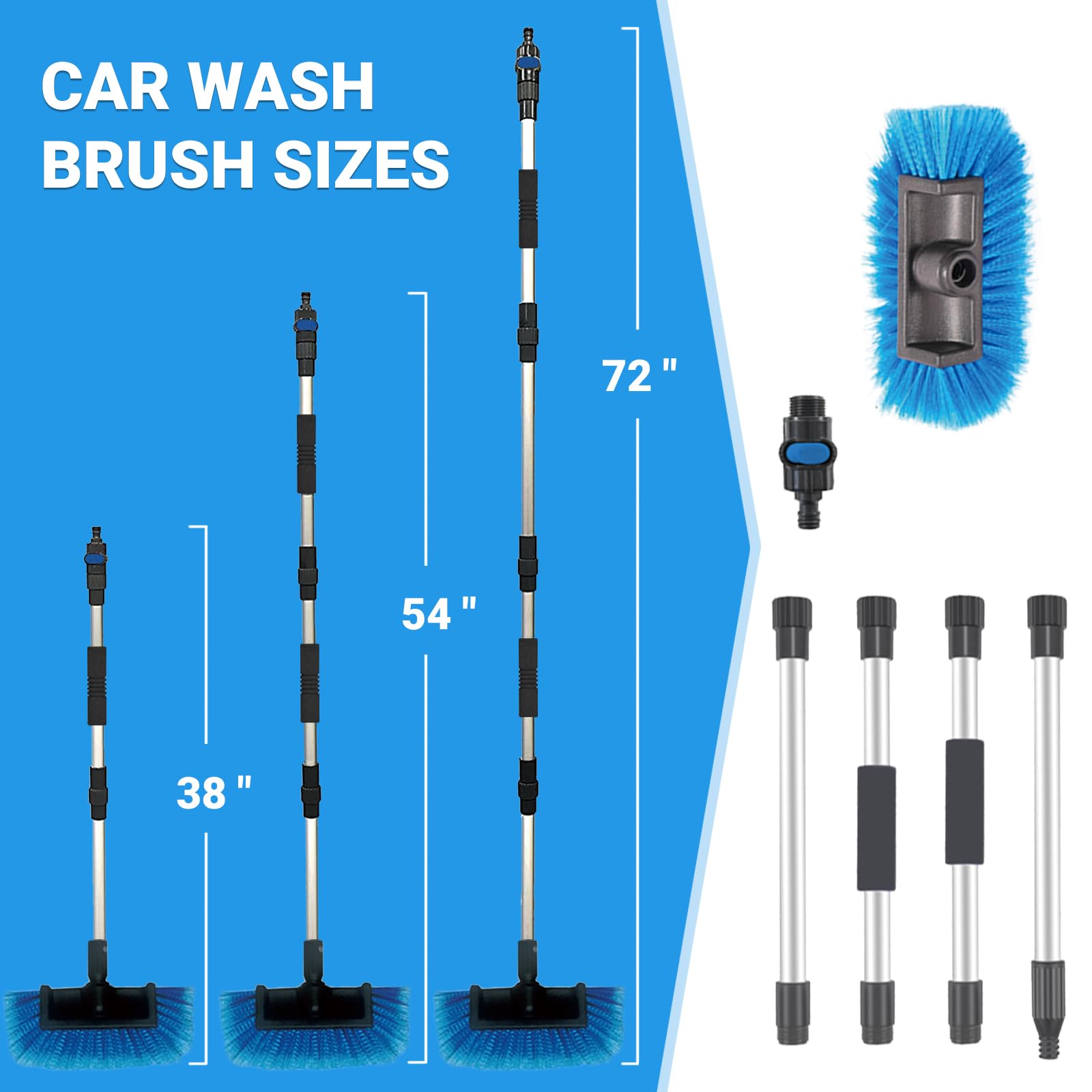 Cepillo de lavado de coche de 70 pulgadas con mango largo, interruptor de encendido/apagado para coche, caravana, camión, barco, kit de limpieza completo con fregona de lavado de coche,