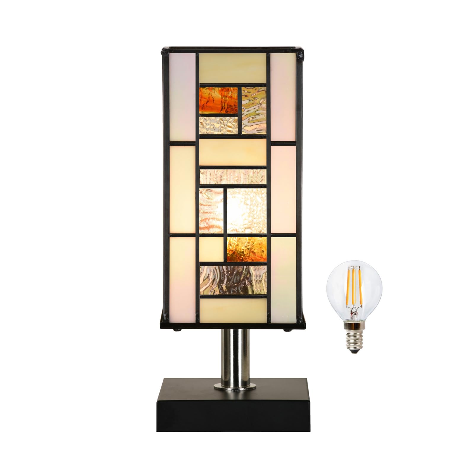 HomeBeauty TL0013 Small Retangular Tiffany Lamp Stained Glass Uplight Table Lamp, Mission Style Geometric Desk Nightstand Lamp for Bedroom Living Room Office Dorm, 4.5" W x 11" H, LED Bulb Included